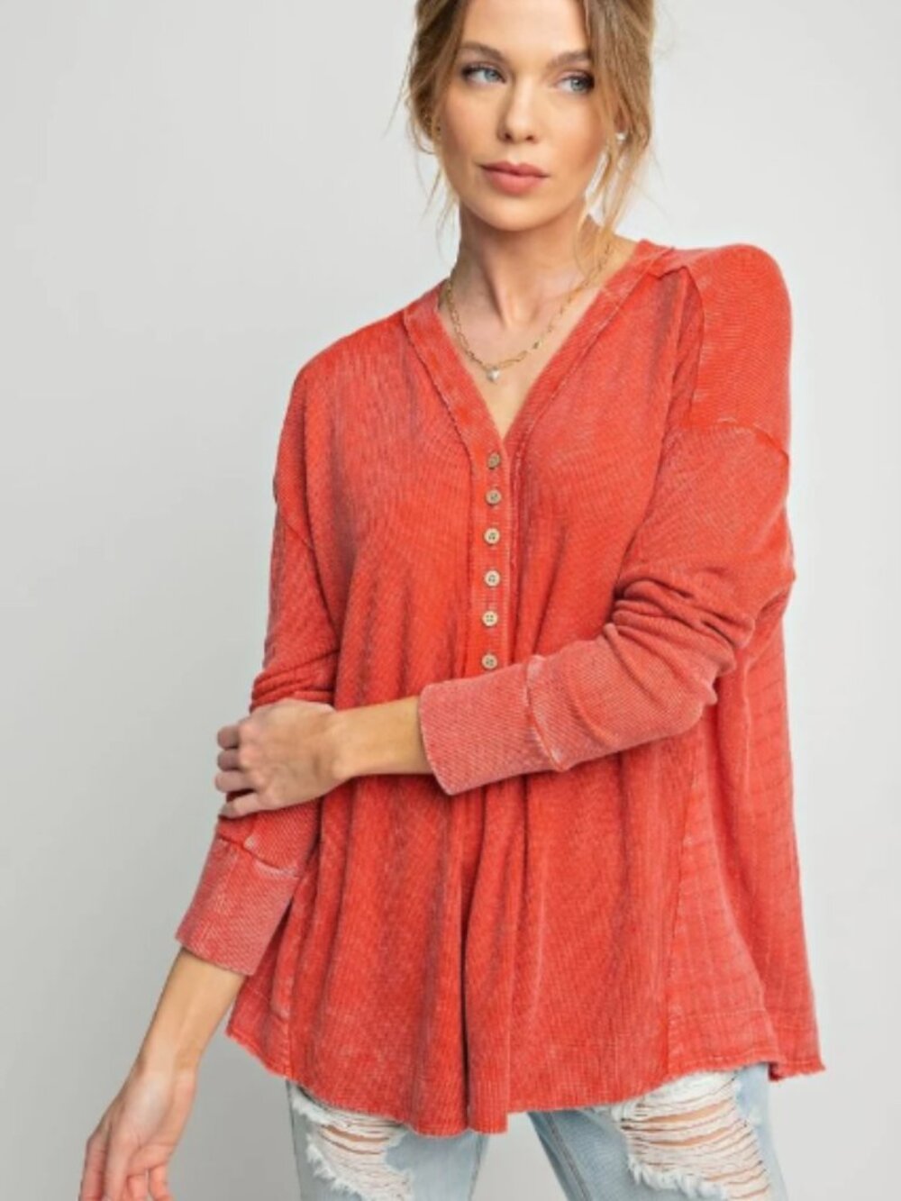 Easel Los Angeles Oversized Boho Thermal Henley Top